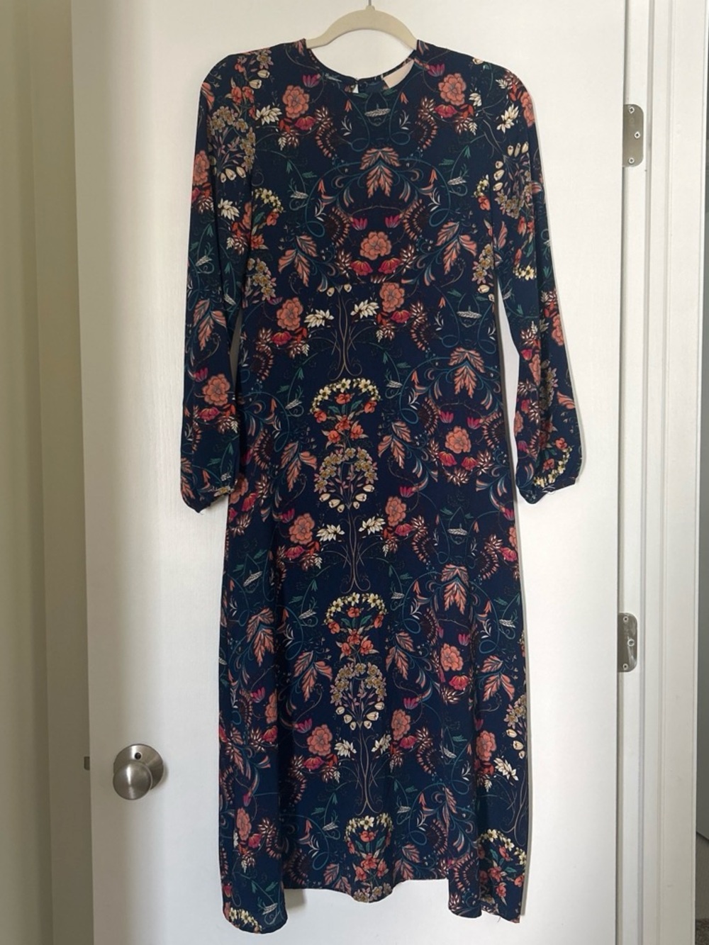 Lulu's Navy Floral Long-Sleeve Midi Dress with Coral and Cream Accents